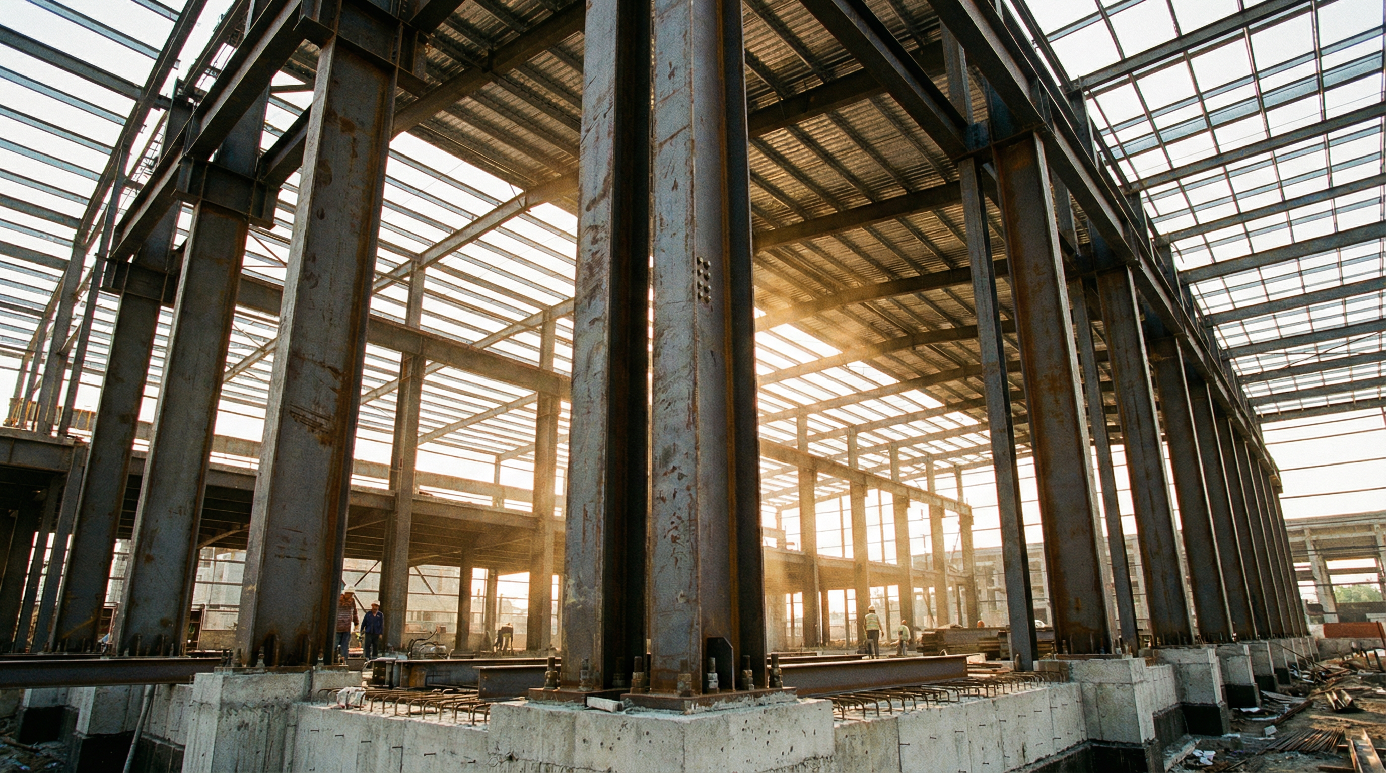 Стальные колонны на строительной площадке