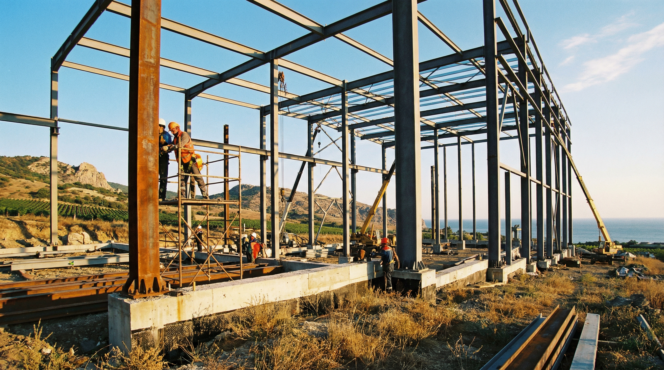 Металлоконструкции в Крыму — стальной каркас здания на фоне крымского пейзажа